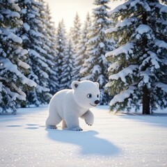 Fototapeta premium Adorable Polar Bear Cub Walking Through Snowy Forest.