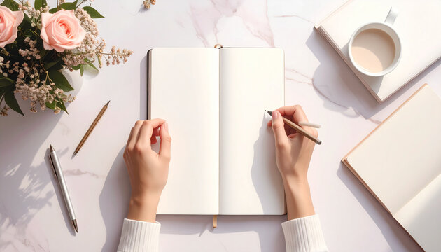 Woman writing in journal with flowers