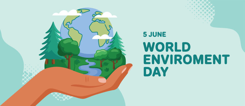 Illustration of hands holding a miniature Earth with trees and river for World Environment Day celebration
