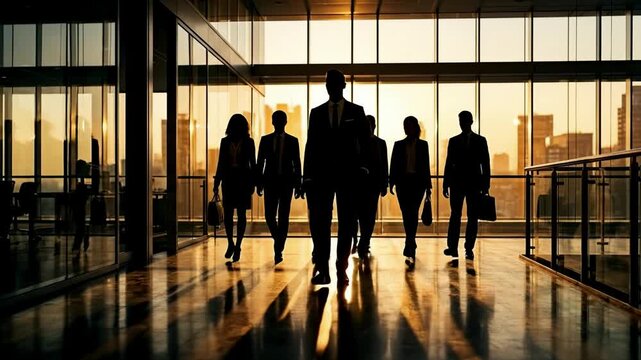 Group of business professionals walking through a spacious modern lobby with panoramic windows and city skyline at sunset, symbolizing teamwork, leadership, corporate success, and ambition.

