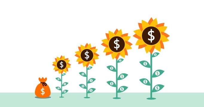Animated footage of a dollar bag and a sunflower plant with a dollar symbol. Illustration of economic growth. Suitable for use in business, investment, stock market, and other content discussing the e