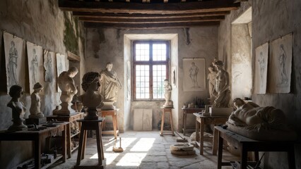 Fototapeta premium Art Studio With Classical Statues and Natural Light in Vintage Setting