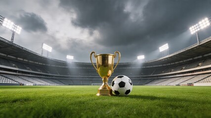 Obraz premium A gold trophy and soccer ball sit on a green field in a large stadium with bright lights and a cloudy sky, symbolizing achievement and success in sports