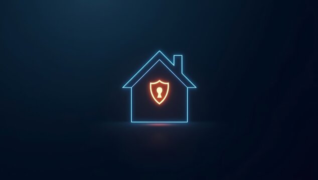 Neon outline of a house with a glowing shield for home security