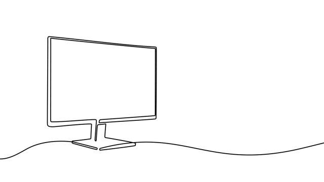 Continuous one line monitor computer outline art tv screen frame desktop. TV monitor office drawing simple digital technology creative isolated mockup device download icon white design business flat
