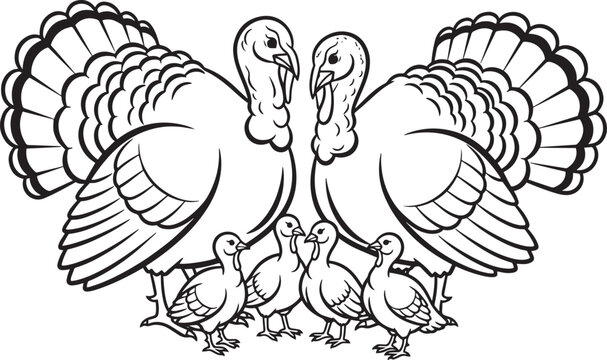 Two large turkeys facing each other with two small turkey chicks in middle illustration for autumn.