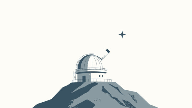 Minimalist Flat Illustration of an Observatory Dome on a Rocky Mountain Peak, Telescope Pointing Toward a Single Isolated Star in a Clear Pale Sky