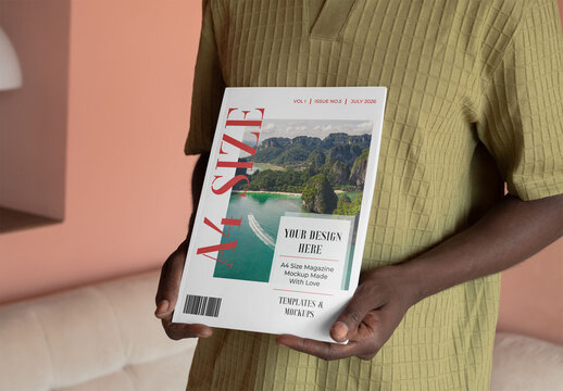 Mockup Of Man Holding A4 Magazine With Customizable Cover