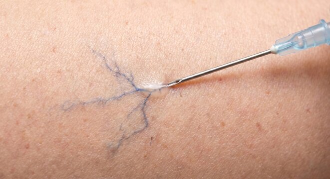 Sclerotherapy needle injecting spider vein close up