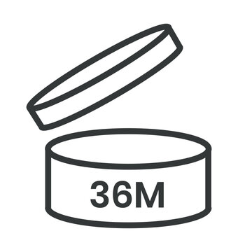 Period After Opening PAO label, symbol, icon logo. Cosmetic open period month 1M, 2M, 3M, 4M, 5M, 6M, 7M, 8M, 9M, 10M, 12M, 18M, 24M, 36M, 48M. Cream pack label for product packaging design.