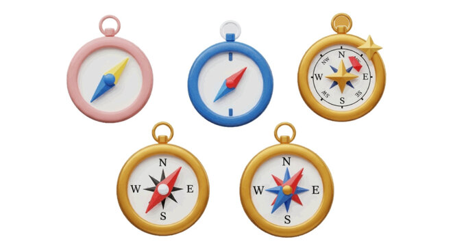 Vector illustration&nbsp;of set of 3d compasses for navigation and travel on a transparent background