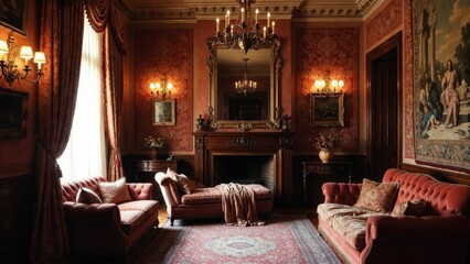Naklejka premium Elegant Victorian Living Room with Rich Textures and Warm Lighting
