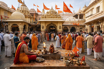 Obraz premium Pitambara Peeth Datia Yellow Temple Complex Tantric Shrine Courtyard Devotees Ritual Atmosphere Madhya Pradesh Real Scene