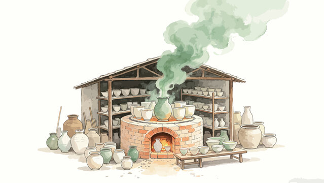Watercolor Illustration of a Traditional Outdoor Pottery Kiln Workshop, with Firing Smoke Rising, Surrounded by Finished Handcrafted Ceramic Wares in a Rustic Artisan Setting