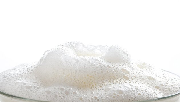 Close-up of white milk foam bubbling in a glass bowl, showing soft microfoam texture on a bright white background