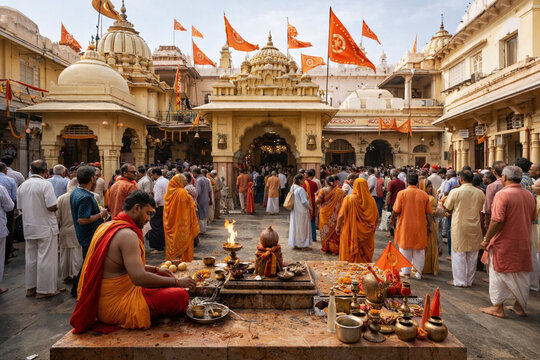 Pitambara Peeth Datia Yellow Temple Complex Tantric Shrine Courtyard Devotees Ritual Atmosphere Madhya Pradesh Real Scene