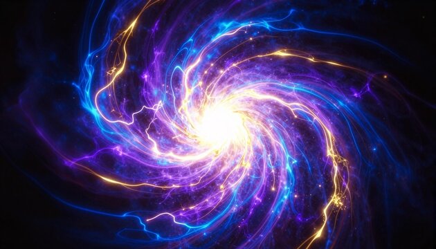 Glowing spiral energy vortex with vivid blue, purple and gold light