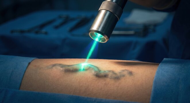 Nd:YAG laser procedure targeting varicose vein on leg