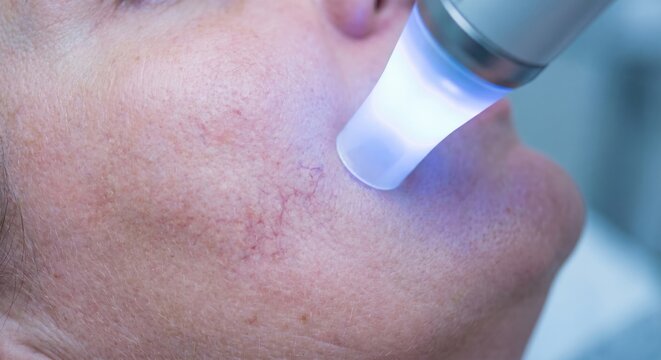 Laser treatment for facial telangiectasia on patient cheek