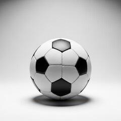 Fototapeta premium A classic soccer ball with black and white hexagonal panels sits on a white surface, featuring soft studio lighting and a clean shadow, play, game, white