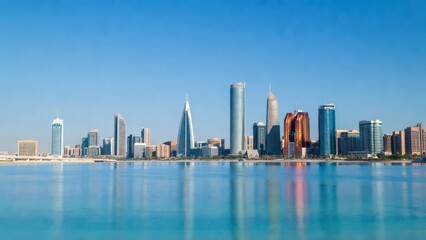 Fototapeta premium Modern Skyline of Abu Dhabi with Reflections in Calm Blue Water Under Clear Sky