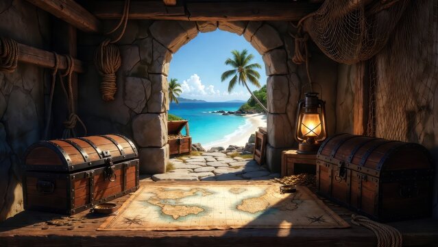 Pirate treasure chests and map inside cave opening to tropical beach paradise