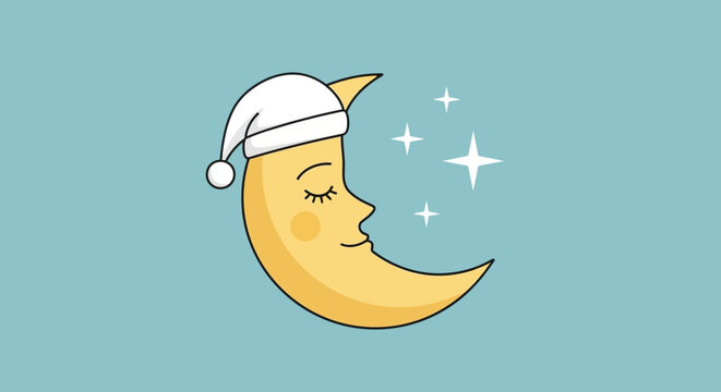 Crescent Moon Wearing Sleep Cap.