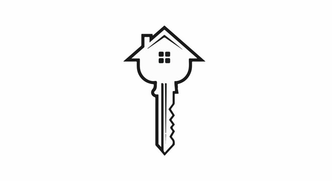 A stylized outline of a house morphs into a key with a notched blade