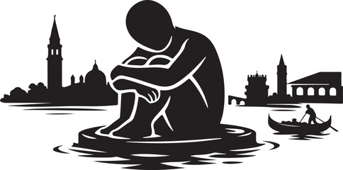 silhouette of Biennale art sculpture floating Venice canal © Hasher
