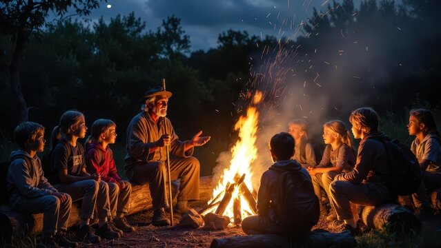 Elderly storyteller shares tales with children around a crackling campfire at dusk
