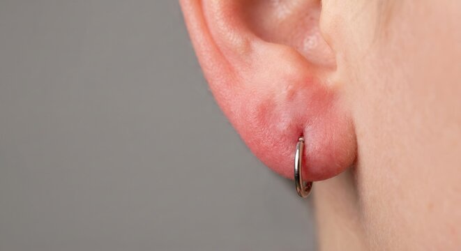 Inflamed earlobe with infected piercing close up