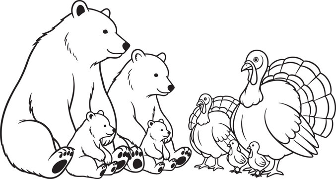 Bears and turkeys family illustration with cute wild animals and birds sitting together for holiday design and coloring projects.