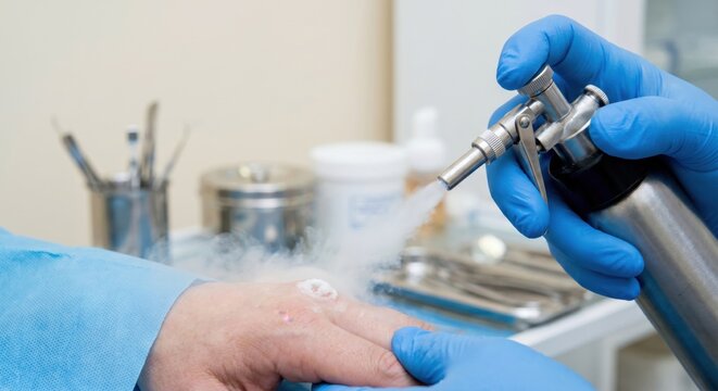 Dermatologist treating skin lesion with cryotherapy spray