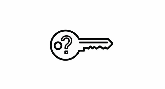 A line art key with a question mark inside the bow and a dot