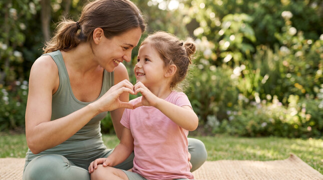 Mother and daughter practicing yoga and making shapeheart with hands, wellness lifestyle, Mother's Day