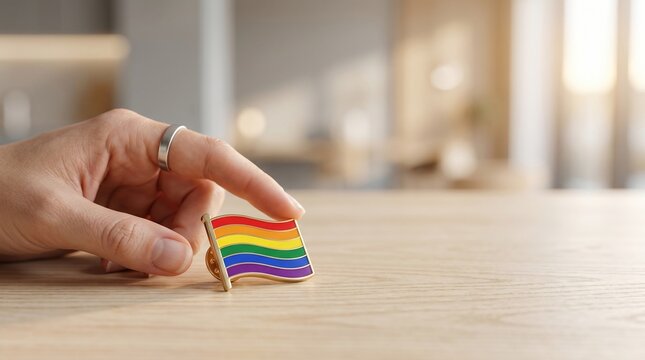 Hand holding a rainbow pride flag pin on a wooden surface, symbolizing LGBTQ+ rights