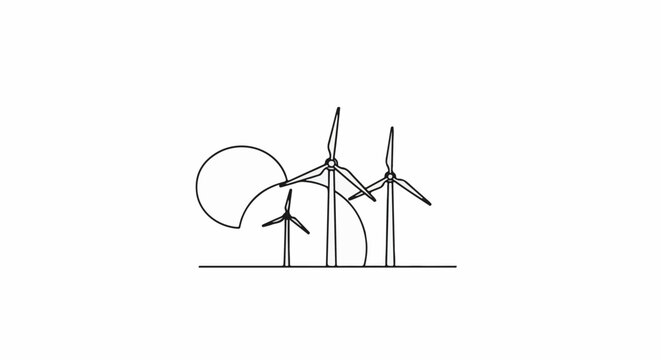 Three simple wind turbines on a line against abstract circles, black outline