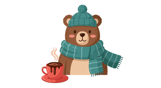 A brown bear wearing a green hat and scarf sits with a steaming cup of coffee.