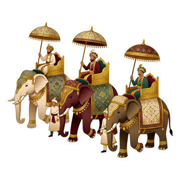 A regal procession of indian royalty travels on elaborately decorated elephants with attendants and ornate parasols high quality professional detailed modern