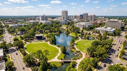 Naklejka premium Aerial view of Cascades Park and Tallahassee downtown skyline in Florida