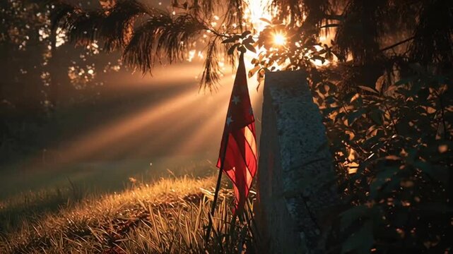 Seorang model wanita bergaun mode berdiri di antara pohon hutan saat sunset menyinari alam musim panas yang hijau di bawah langit indah