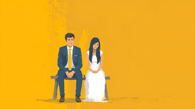A somber bride and groom sit distantly on a rustic wooden bench against a textured, vibrant yellow wall, capturing a moment of quiet reflection or unresolved tension
