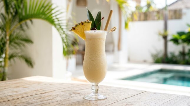 A glass of pineapple smoothie with a straw on a wooden table by a poolside.
