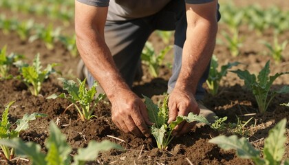 Fototapeta premium Farmer kneeling in a field tending young leafy seedlings with bare hands in rich soil