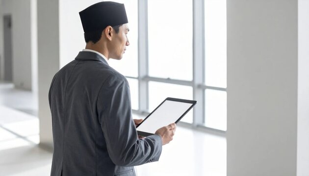 Young businessman in formal suit and songkok cap using digital tablet standing in modern bright office hall, professional workplace, career growth