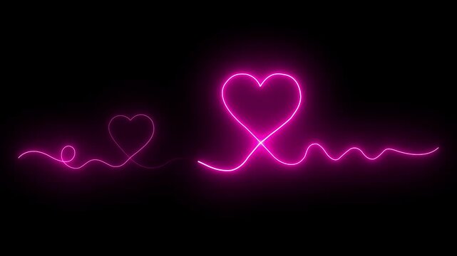 Two love hearts continuous line drawing animation, romantic embrace symbol in pink, minimal Valentine design with heartbeat effect on black background seamless 4K motion video