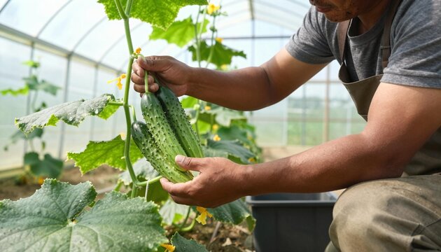 Worker harvesting fresh cucumbers from a vine inside a greenhouse, close-up of hands holding ripe produce