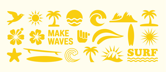 Fototapeta premium Minimal tropical beach icon collection featuring palm trees, ocean waves, surfboards and sun, ideal for clean summer design, apparel and branding use.