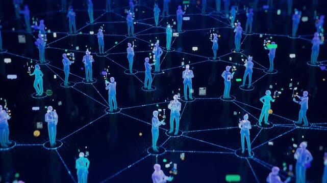 3D Animation: Crowd of People in Digital Space with Icons, Emoji and Messages. User Avatars in Virtual World of Social Media, Internet and Content. Connected Digital Society.