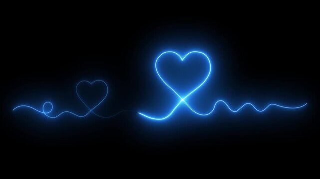 Minimal continuous one line drawing of two love hearts, romantic blue Valentine concept with heartbeat pulse animation on black background seamless loop 4K video